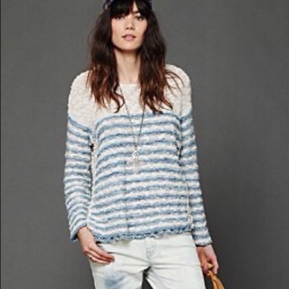 NWOT ⛅️ Free People 100% Cotton Striped Boho Blue and White Women's Sweater XS